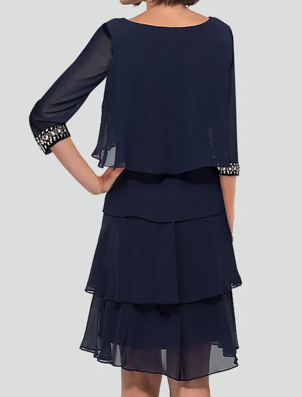 Luolandi Sheath Party Dress Cocktail Dresses Formal Knee Length Half Sleeve Wedding Guest Chiffon with Rhinestone Ruffles Mother of the Bride Dress