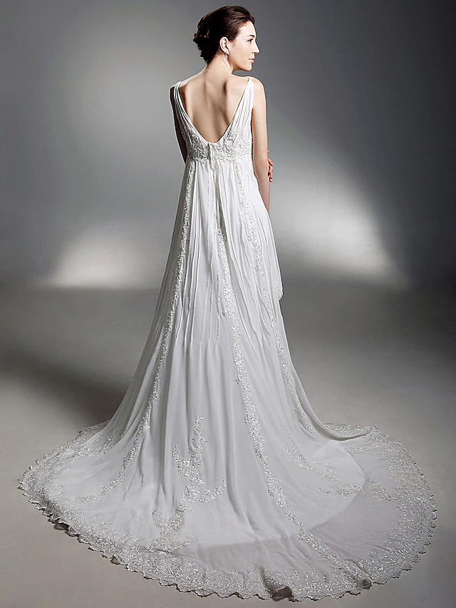 Luolandi Princess A-Line Wedding Dresses V Neck Chapel Train Chiffon Sleeveless Pure Color