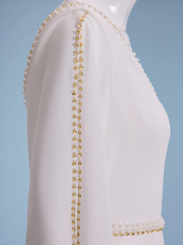 Luolandi Wedding Dresses V Neck Court Train Chiffon Long Sleeve with Beading Pure Color