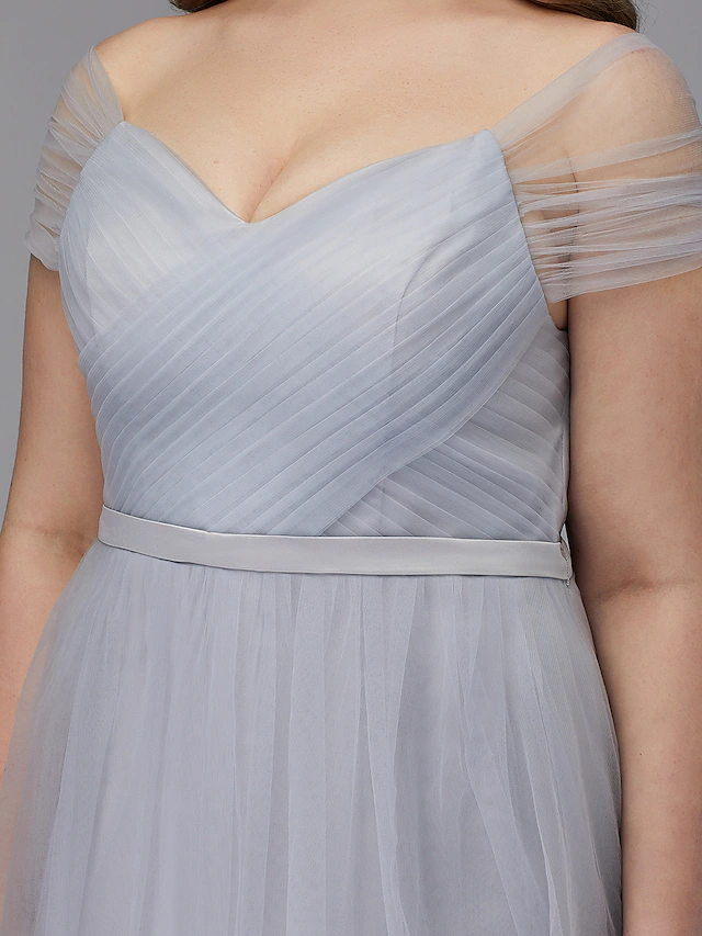 Luolandi A-Line Elegant Cocktail Party Prom Dress Off Shoulder Short Sleeve Tea Length Tulle with Sash Ribbon Criss