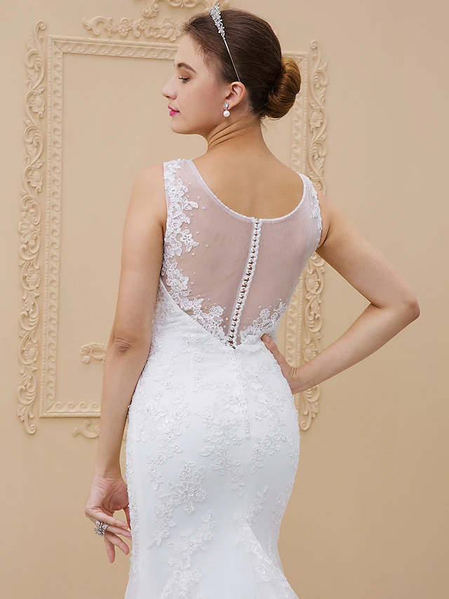 Luolandi Wedding Dresses V Neck Chapel Train Tulle All Over Lace Lace Over Tulle Regular Straps Sexy Illusion Detail Backless with Beading