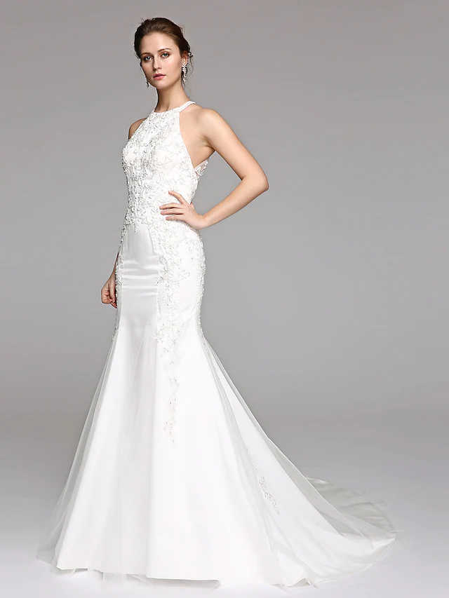 Luolandi Wedding Dresses Halter NeckLace Over Tulle Regular Straps Sexy Illusion Detail