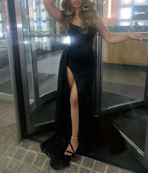 Luolandi Gorgeous Strapless Sleeveless Sequin Long Prom Dresses Black Girl Charming Evening Party Dress With Slit