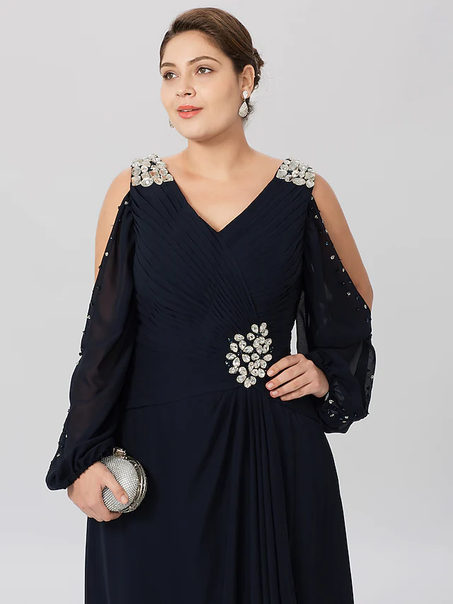 Luolandi Mother of the Bride Dress Classic & Timeless Elegant & Luxurious Plus Size V Neck Asymmetrical Chiffon Satin Long Sleeve with Criss Cross Crystals Dark Navy