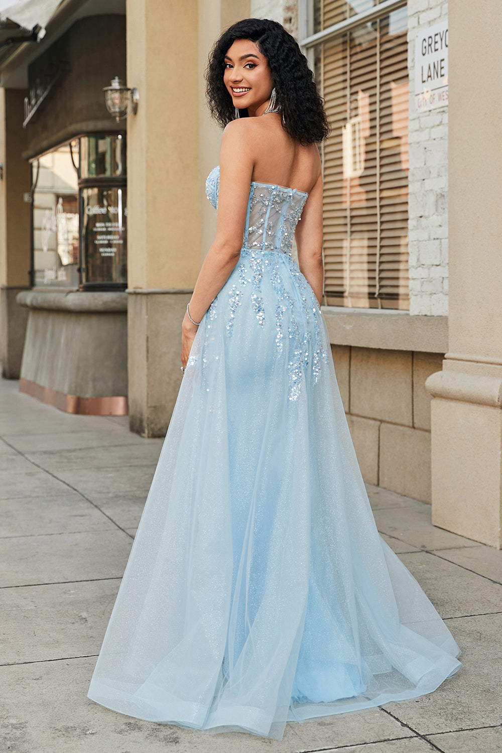 Luolandi Sparkly Light Blue A Line Sweetheart Sequin Long Prom Dress With Slit Off Shoulder