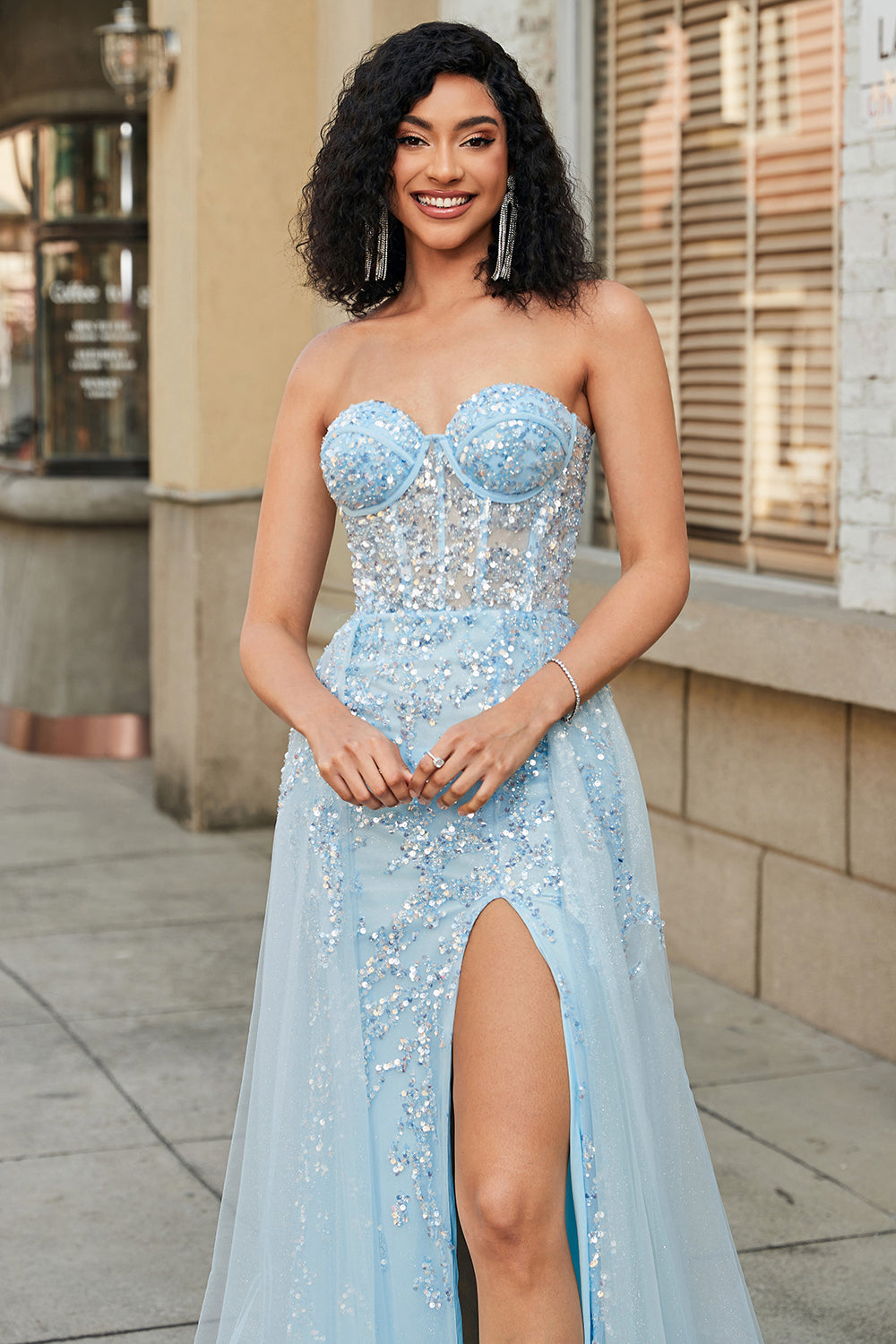 Luolandi Sparkly Light Blue A Line Sweetheart Sequin Long Prom Dress With Slit Off Shoulder