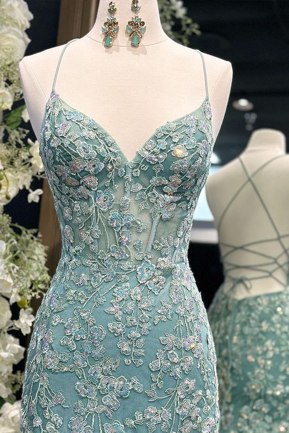 Luolandi Stunning Mermaid Spaghetti Straps Light Green Corset Prom Dress With Appliques Beautiful