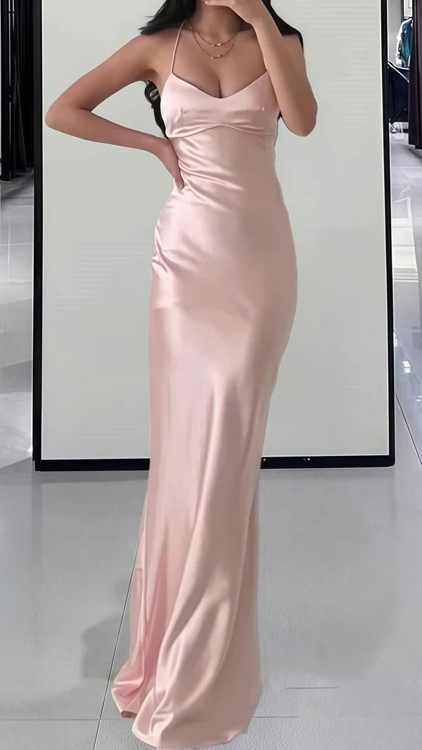 Luolandi Pink Bodycon Long Prom Dresses With Cross Back Simple Formal Party Dress