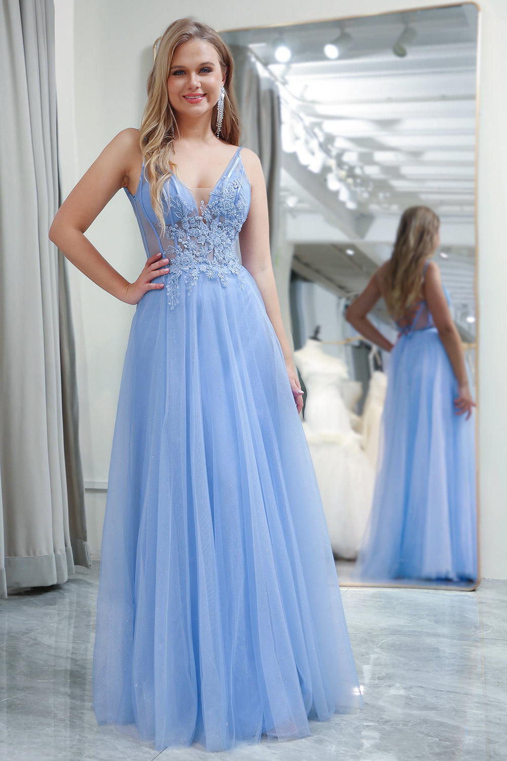 Luolandi Light Blue A-Line V Neck Tulle Long Prom Dress With Appliques Beautiful
