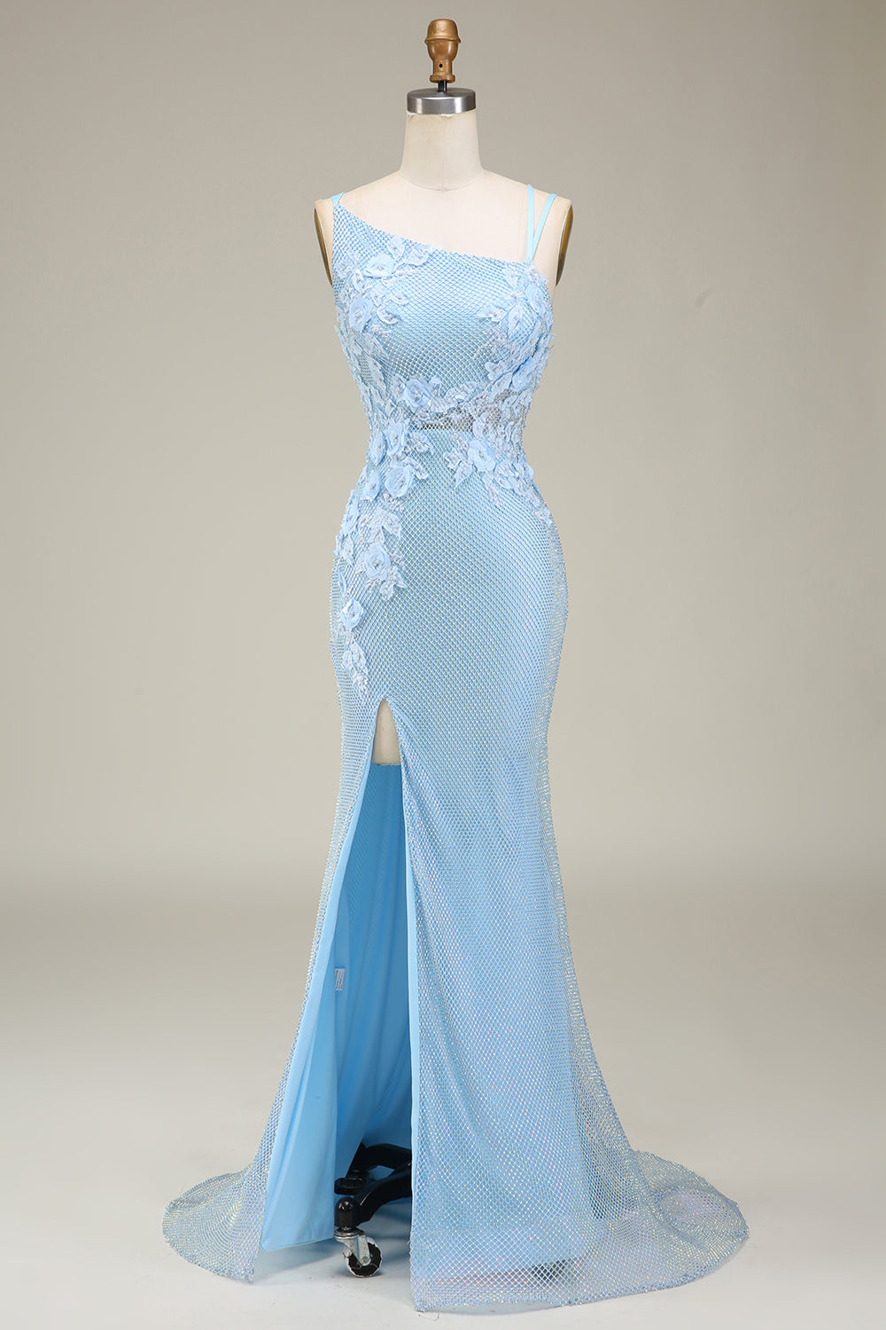 Luolandi Stylish Light Blue Mermaid Long Prom Dress with Appliques Beautiful With Slit