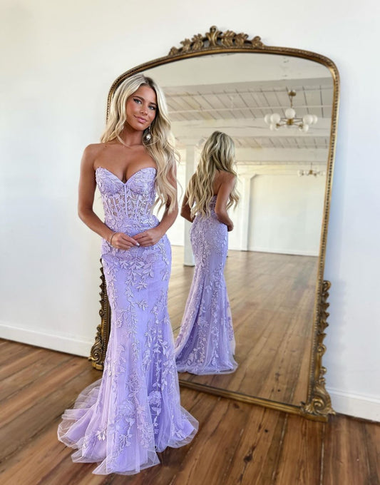 Lilac Mermaid Corset Back Long Prom Dress With Appliques