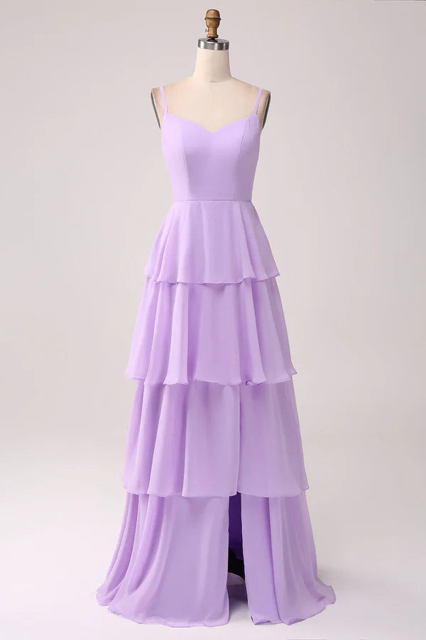 Luolandi A Line thin shoulder strap layered chiffon lilac slit bridesmaid dress Floor Length