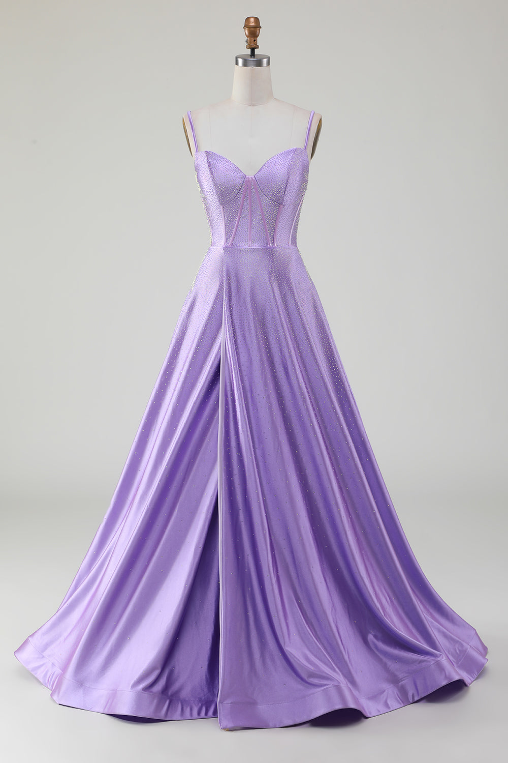Luolandi Simple Sparkly Lilac A-Line Side Slit Corset Prom Dresses With Rhinestones Evening Dress