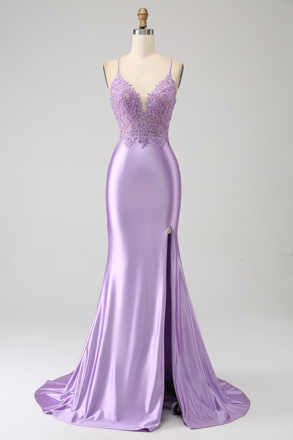 Luolandi Stylish Lilac Mermaid Spaghetti Straps Long Prom Dress with Appliques Slit Sexy Evening Dresses