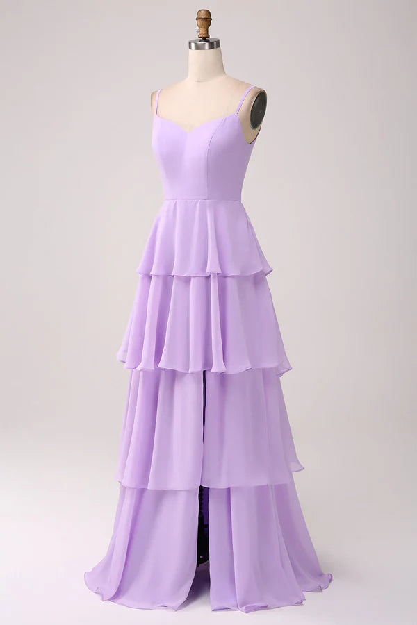 Luolandi A Line thin shoulder strap layered chiffon lilac slit bridesmaid dress Floor Length