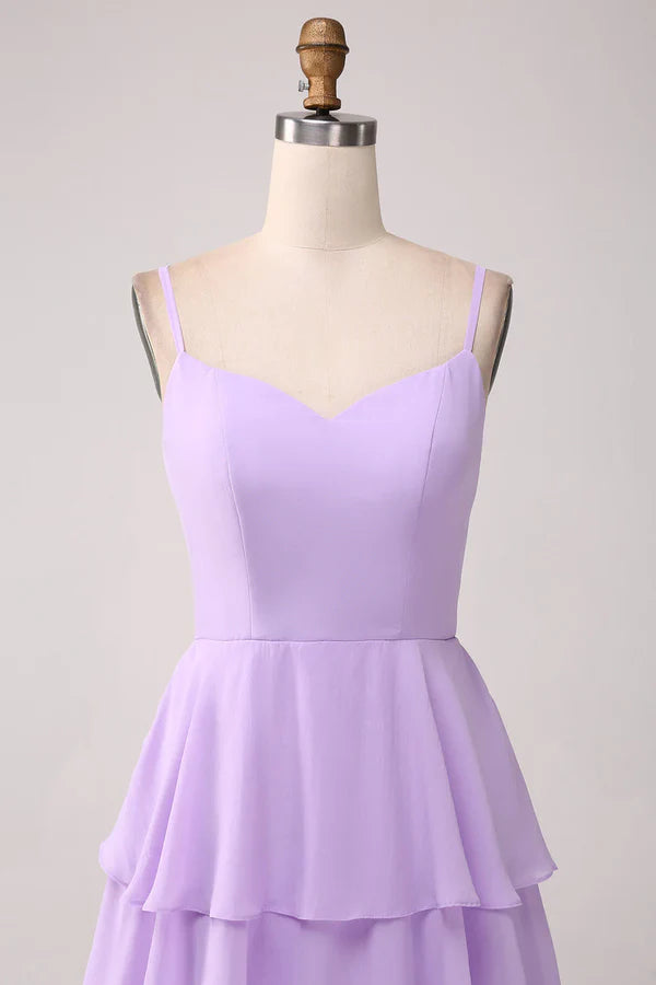 Luolandi A Line thin shoulder strap layered chiffon lilac slit bridesmaid dress Floor Length