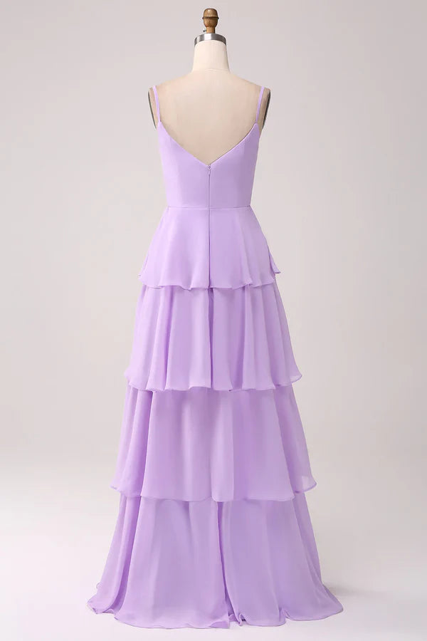 Luolandi A Line thin shoulder strap layered chiffon lilac slit bridesmaid dress Floor Length