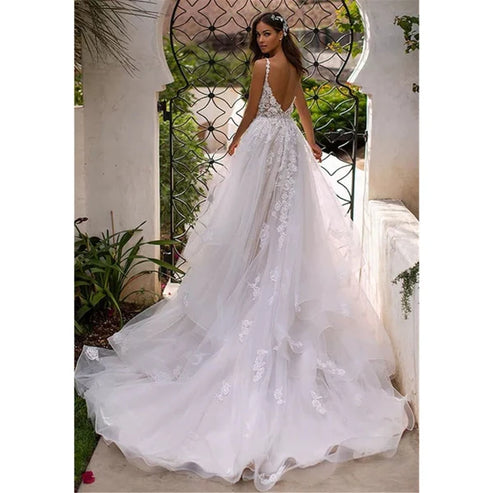 Luolandi A-Line Lace Sweep Train Sleeveless Backless Wedding Dress Beautiful Bridal Gown