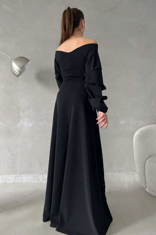 Luolandi Minimalist A-line V-neck off shoulder bubble sleeves long dance party evening dress Sexy