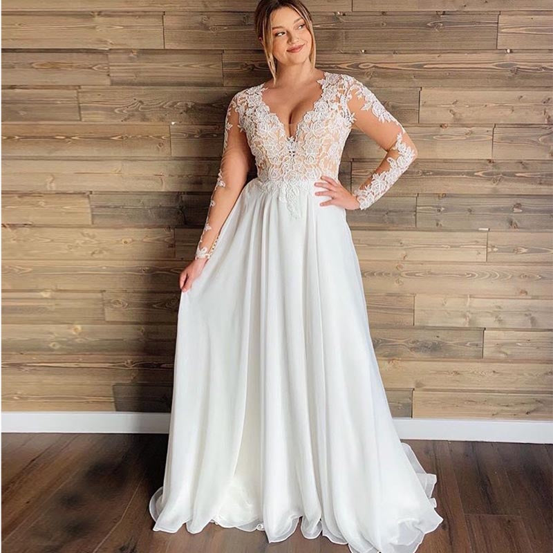 Luolandi Plus Size A Line Long Sleeve Chiffon V Neck Appliques Wedding Dress With Belt Sexy