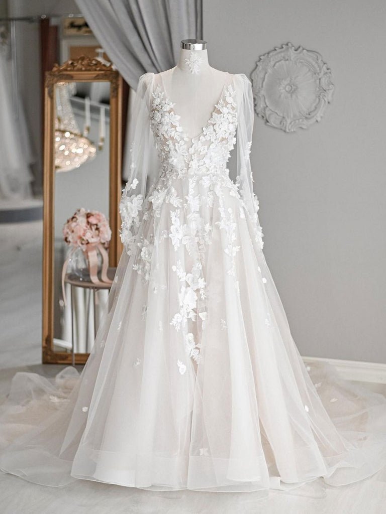 Luolandi A Line See Through Long Sleeve Lace Appliqued Beach Wedding Dresses Beautiful