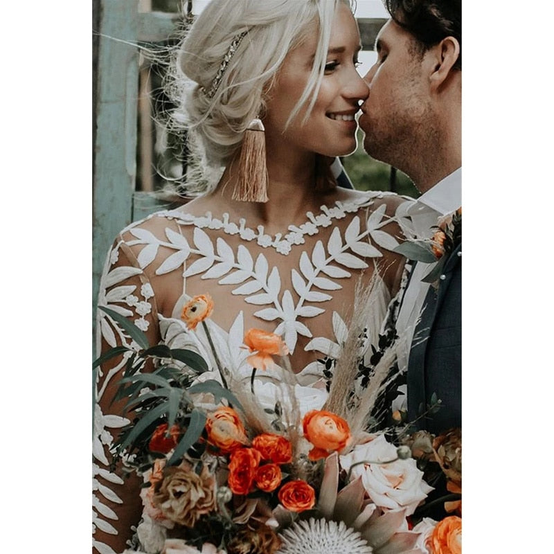 Luolandi Elegant Mermaid Long Sleeves Lace Beach Wedding Dress For Women Beautiful Bridal Gowns