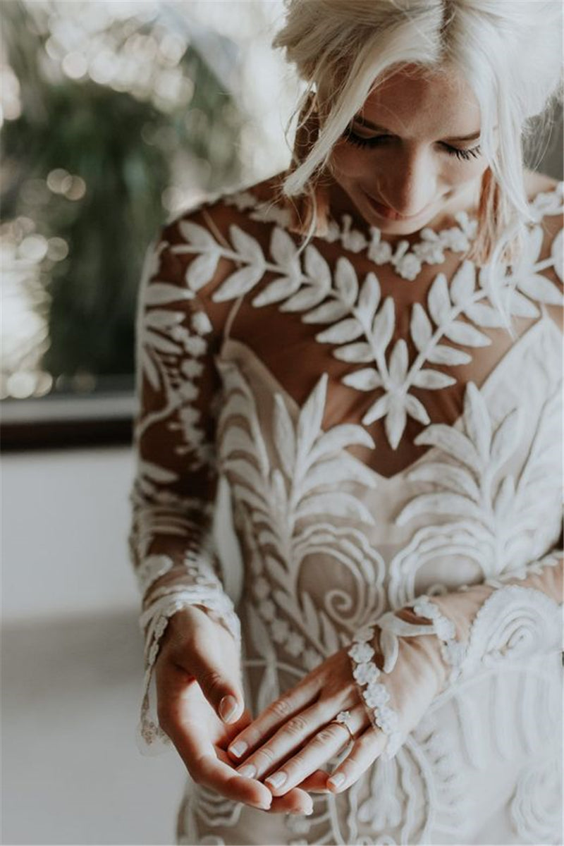 Luolandi Elegant Mermaid Long Sleeves Lace Beach Wedding Dress For Women Beautiful Bridal Gowns