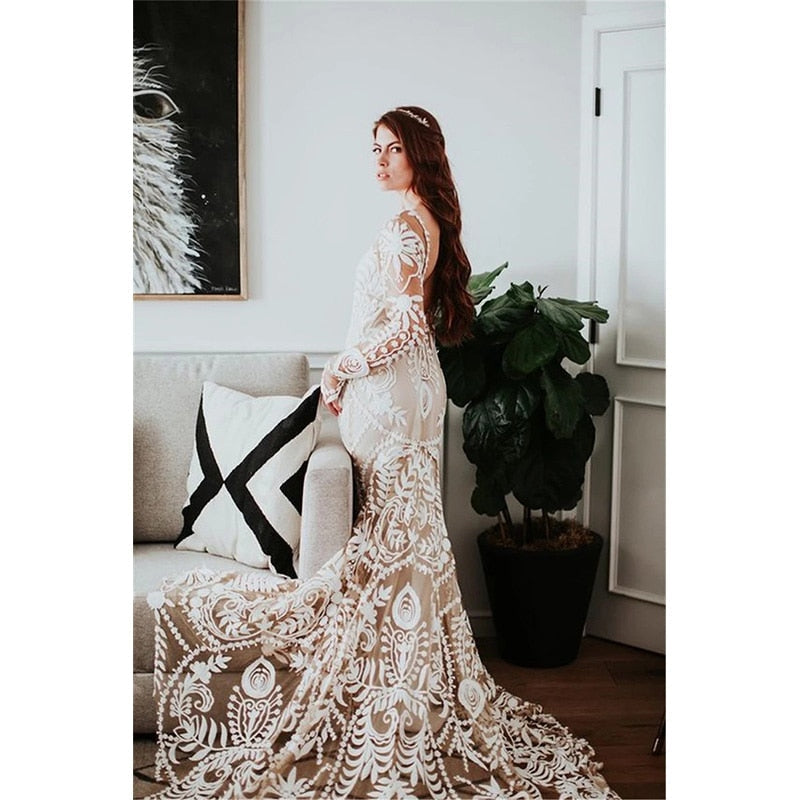 Luolandi Elegant Mermaid Long Sleeves Lace Beach Wedding Dress For Women Beautiful Bridal Gowns