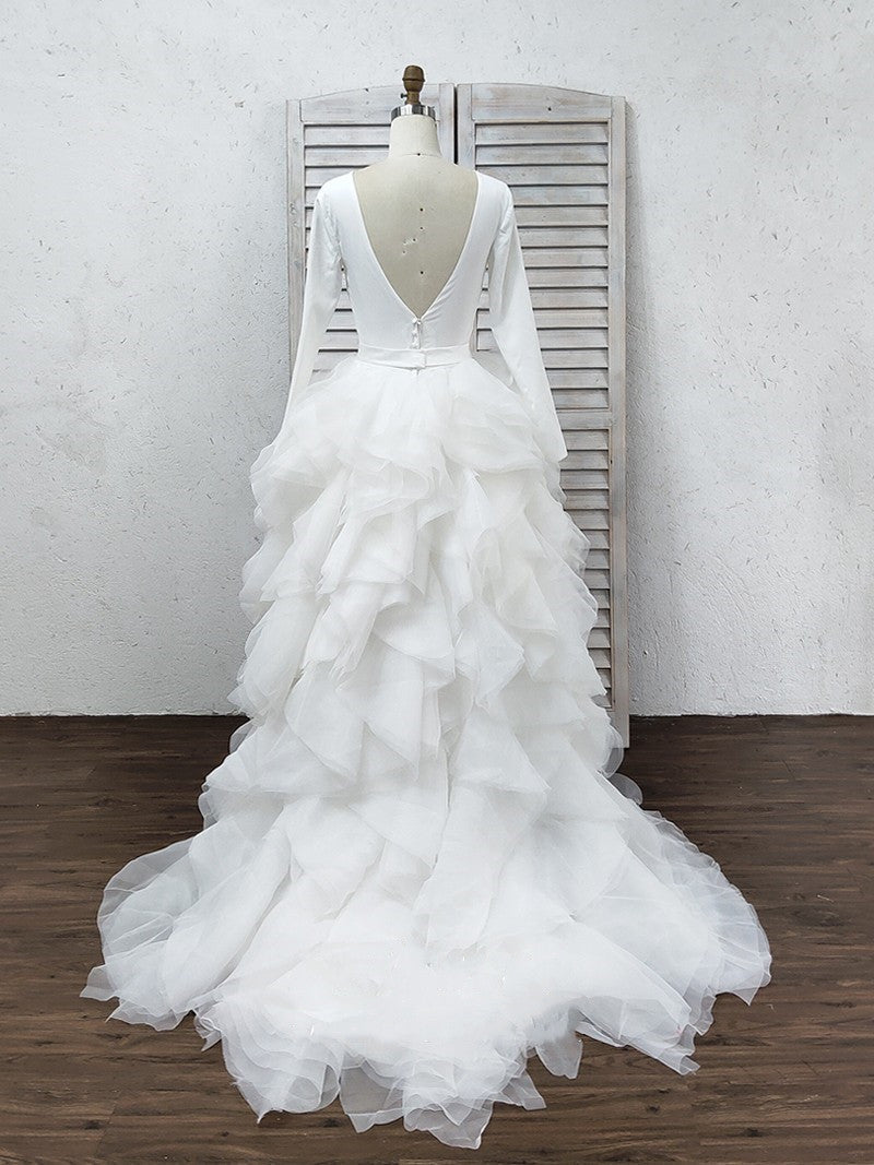 Luolandi A-Line/Princess Tulle Ruffles Scoop Long Sleeves Sweep/Brush Train Wedding Dresses Beautiful