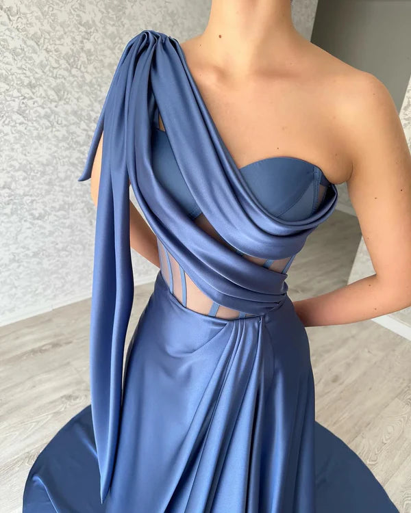 Luolandi Blue A-line one shoulder sleeveless long evening dress Sexy Party Dress
