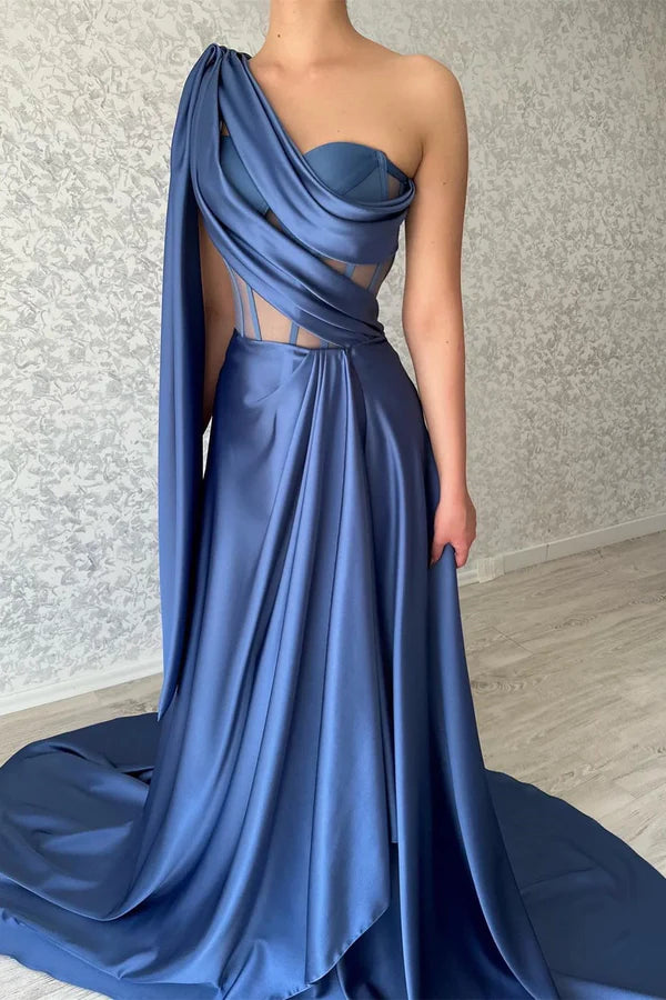 Luolandi Blue A-line one shoulder sleeveless long evening dress Sexy Party Dress