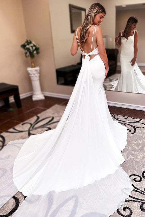 Luolandi Long Chiffon Boho Wedding Dress Sweetheart Backless Sleeveless Ivory