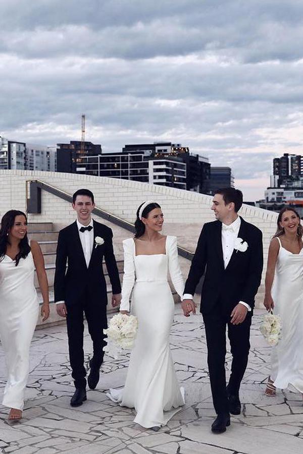 Luolandi Retro Satin Long Sleeves Sweep Train Sheath Wedding Dress Bridal Gown Elegant