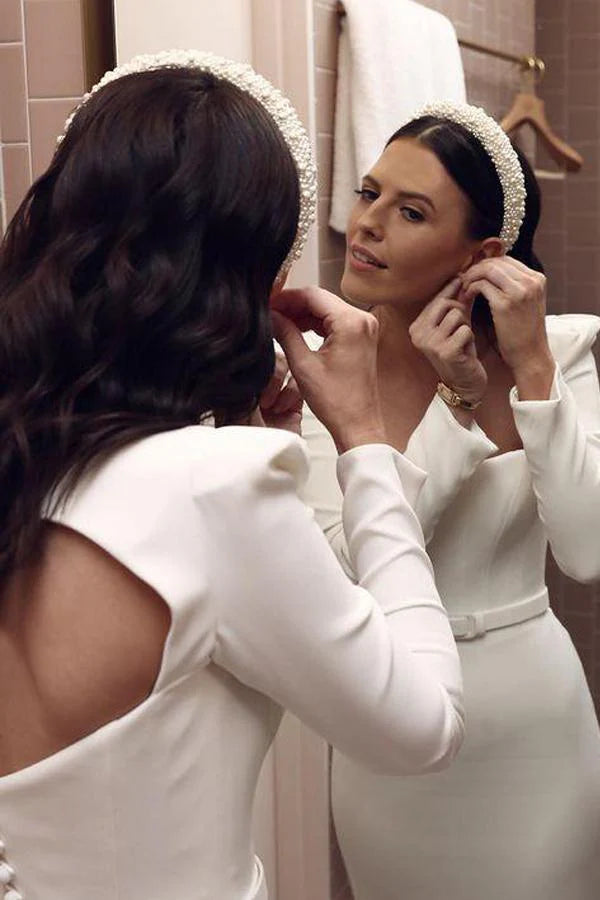 Luolandi Retro Satin Long Sleeves Sweep Train Sheath Wedding Dress Bridal Gown Elegant