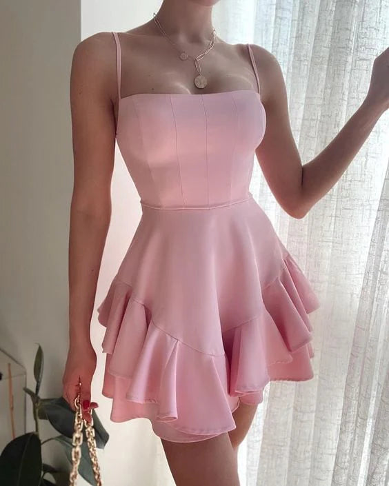 Luolandi Lovely A Line Spaghetti Straps Sleeveless Homecoming Dress Short Vacation Beach Dress Cute Birthday Party Dress