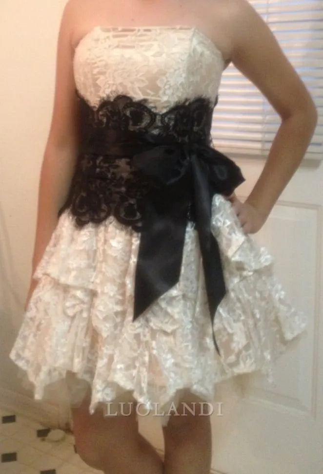 Luolandi Lovely A Line Strapless Short Prom Dress Lace Homecoming Dress Cute Birthday Party Dress