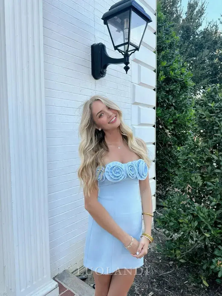 Luolandi Lovely Sheath Strapless Sleeveless Homecoming Dress Cute Birthday Party Dress Short Prom Dress With Flowers