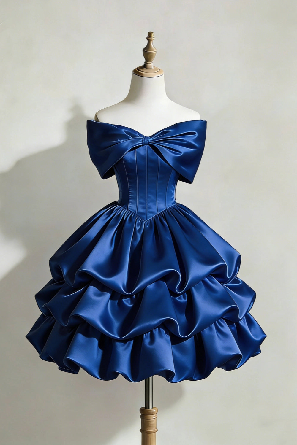 Luolandi Lovely A-line Off Shoulder Tiered Blue Satin Short Party Prom Dress Cute Bow Homecoming Dress