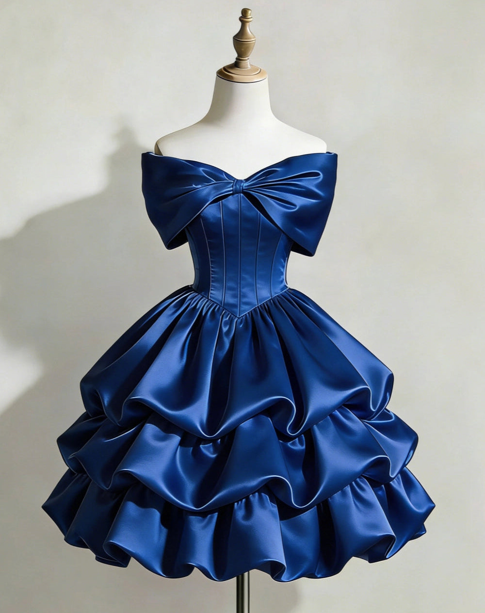 Luolandi Lovely A-line Off Shoulder Tiered Blue Satin Short Party Prom Dress Cute Bow Homecoming Dress