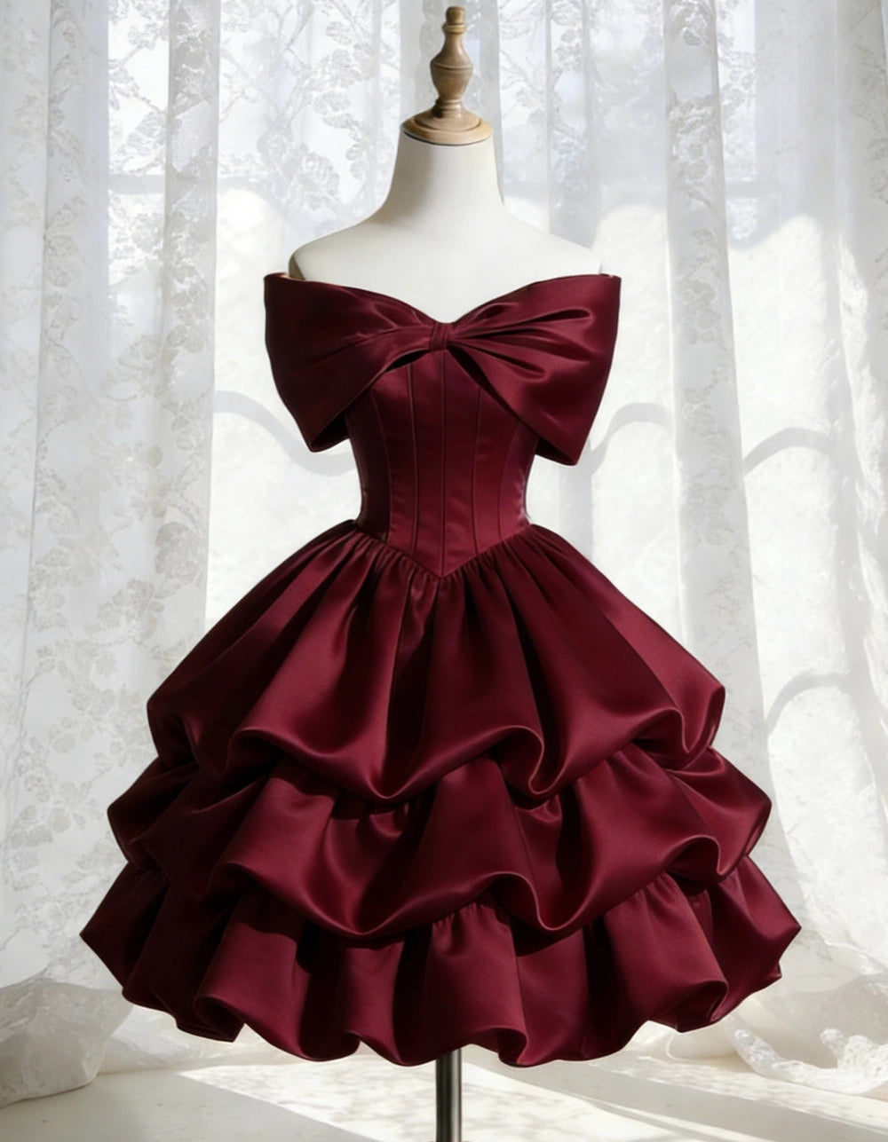 Luolandi Lovely A-line Off Shoulder Tiered Satin Short Party Prom Dress Cute Bow Homecoming Dress