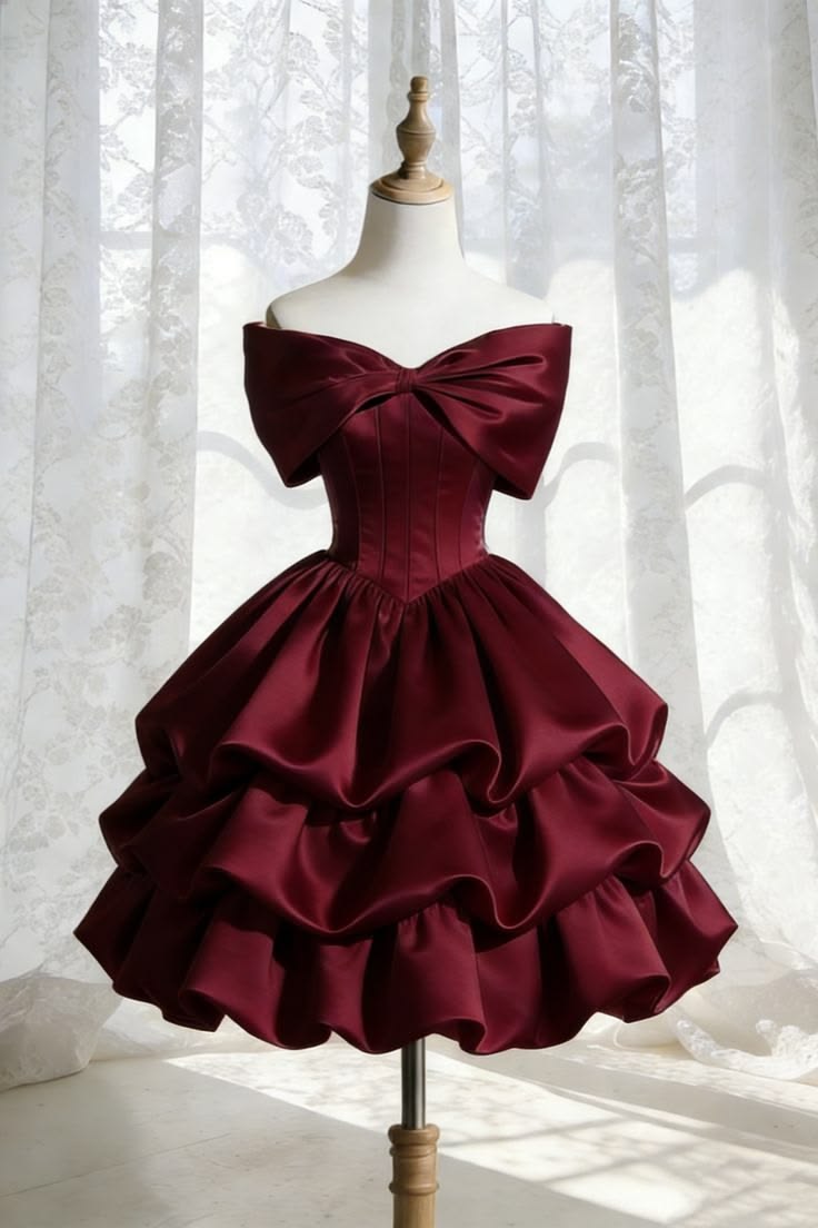 Luolandi Lovely A-line Off Shoulder Tiered Satin Short Party Prom Dress Cute Bow Homecoming Dress