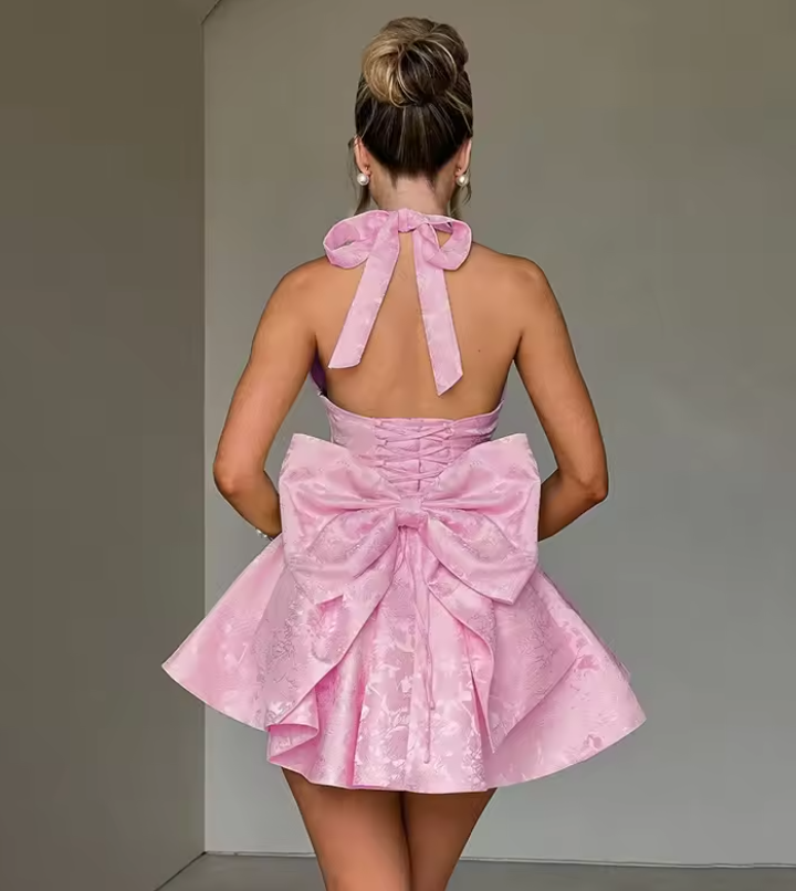 Luolandi Lovely A Line Halter Birthday Party Dress With Bow Short Homecoming Dress Cute Summer Holiday Mini Dress
