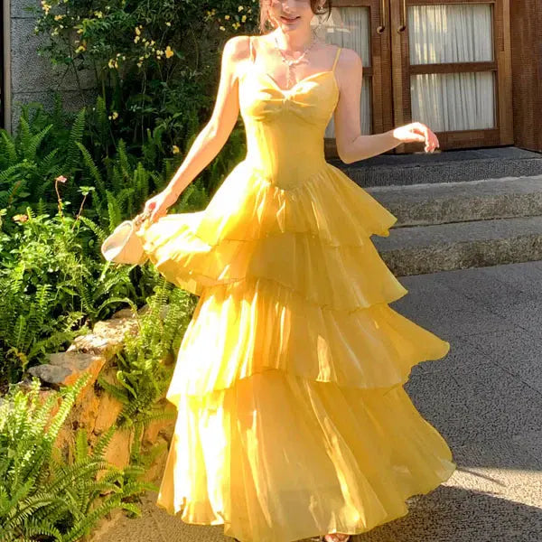 Luolandi Lovely A Line Spaghetti Straps Sleeveless Tiered Ruffles Evening Party Dress Cute Long Formal Prom Dress