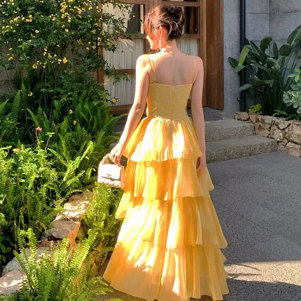 Luolandi Lovely A Line Spaghetti Straps Sleeveless Tiered Ruffles Evening Party Dress Cute Long Formal Prom Dress