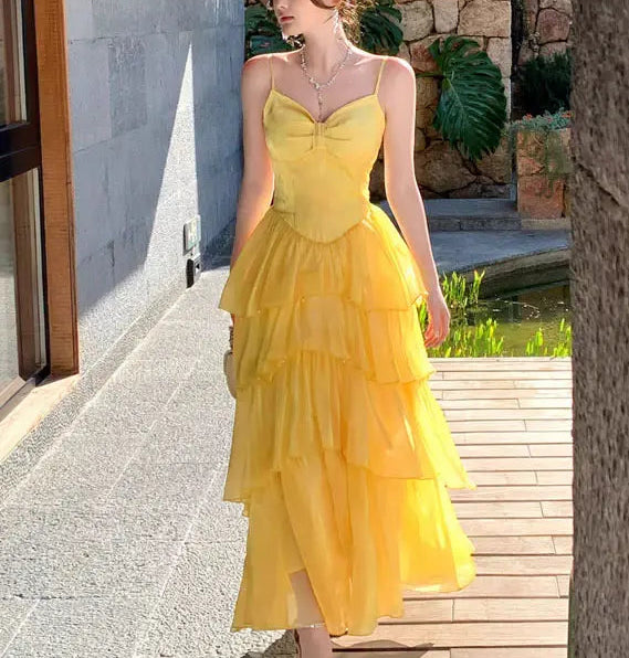 Luolandi Lovely A Line Spaghetti Straps Sleeveless Tiered Ruffles Evening Party Dress Cute Long Formal Prom Dress