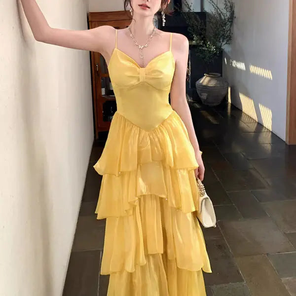 Luolandi Lovely A Line Spaghetti Straps Sleeveless Tiered Ruffles Evening Party Dress Cute Long Formal Prom Dress