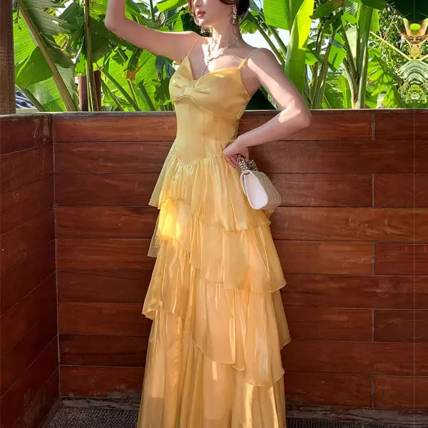 Luolandi Lovely A Line Spaghetti Straps Sleeveless Tiered Ruffles Evening Party Dress Cute Long Formal Prom Dress