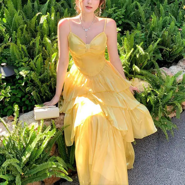 Luolandi Lovely A Line Spaghetti Straps Sleeveless Tiered Ruffles Evening Party Dress Cute Long Formal Prom Dress