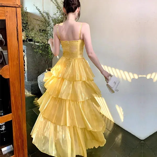 Luolandi Lovely A Line Spaghetti Straps Sleeveless Tiered Ruffles Evening Party Dress Cute Long Formal Prom Dress