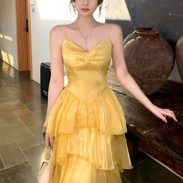 Luolandi Lovely A Line Spaghetti Straps Sleeveless Tiered Ruffles Evening Party Dress Cute Long Formal Prom Dress